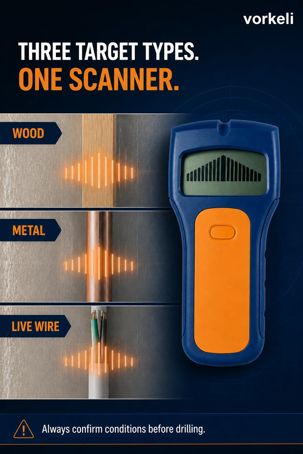 VORKELI 3-in-1 Electronic Stud Finder – Wood, Metal & Live Wire Wall Scanner detail 3
