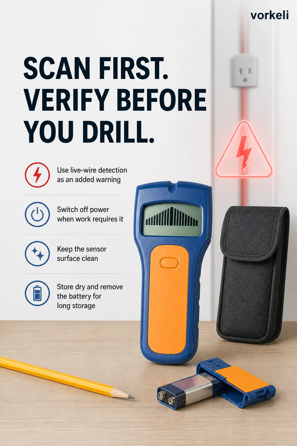 VORKELI 3-in-1 Electronic Stud Finder – Wood, Metal & Live Wire Wall Scanner detail 7